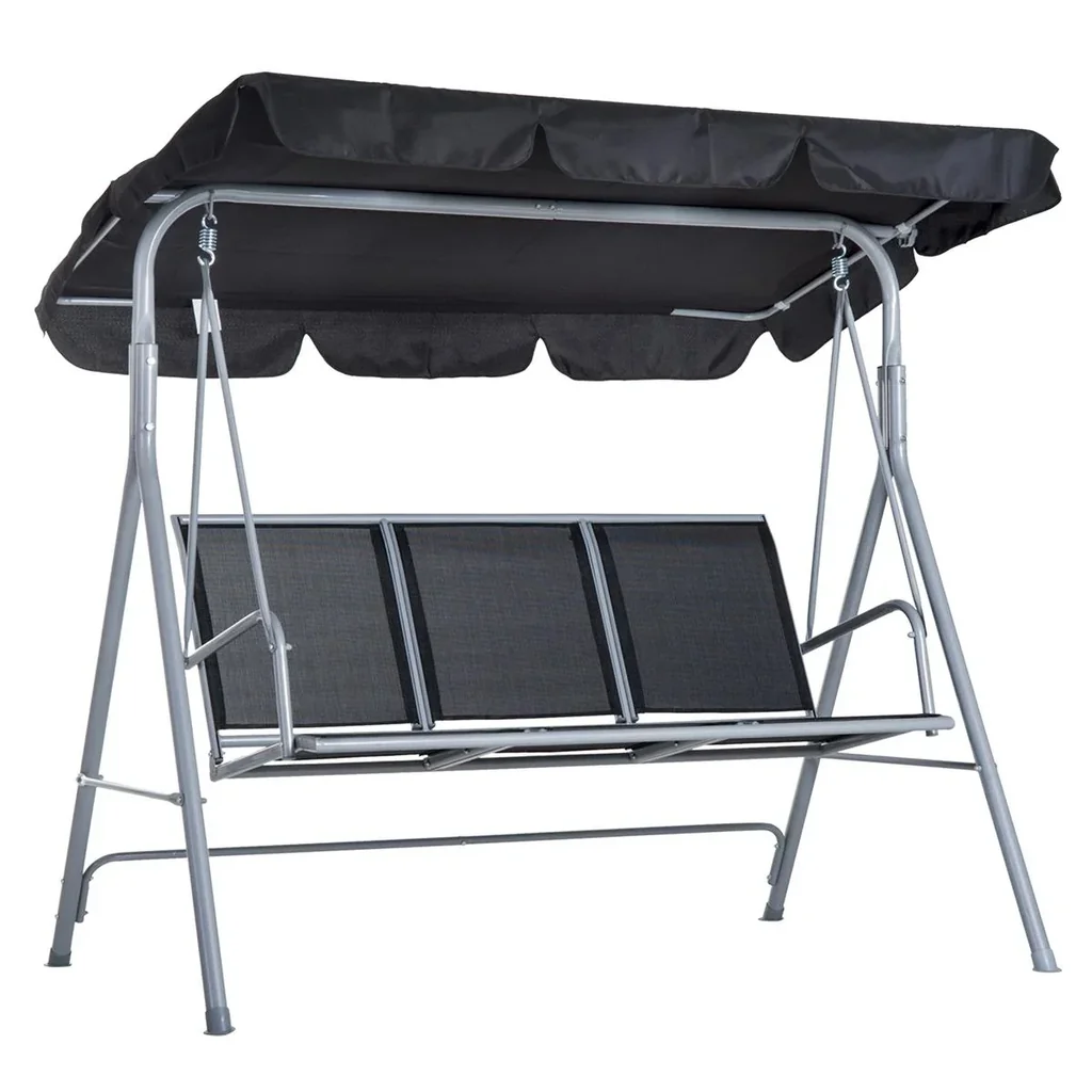 Hollywoodschaukel 3-Sitzer Gartenschaukel Schaukelbank mit Dach Metall Schwarz+Silber 171 x 108 x 154 cm