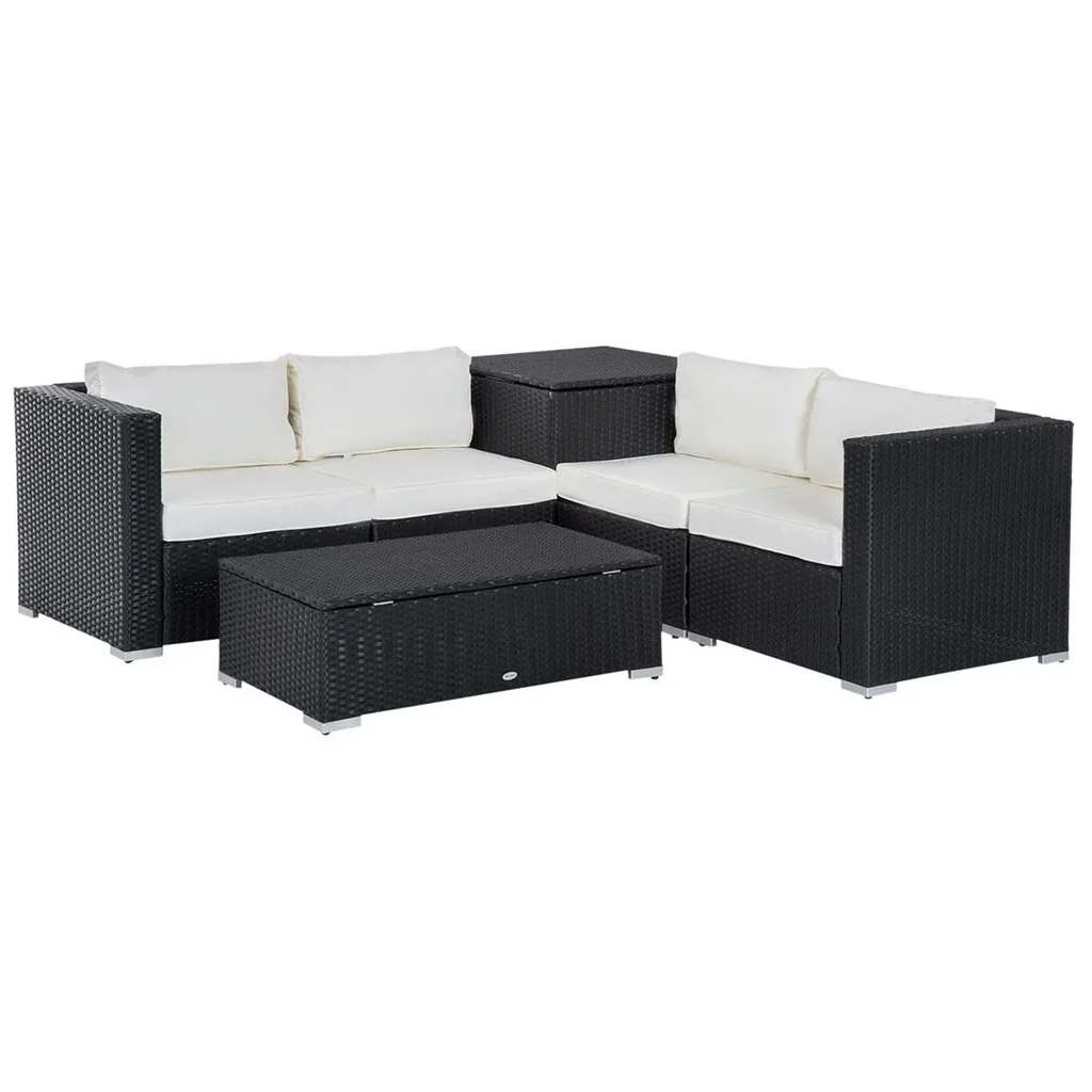 6-teiliges Polyrattan-Gartenmöbelset mit Kissen, Lounge-Tisch mit Ablage, Stahl, luxuriöses Schwarz und Creme