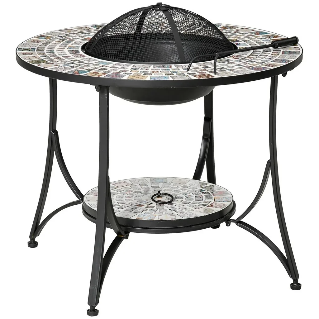 Feuertisch Gartentisch mit Feuerschale Feuerstelle mit Funkenschutz & Grillrost Feuerkorb Outdoor für Heizung BBQ Garten