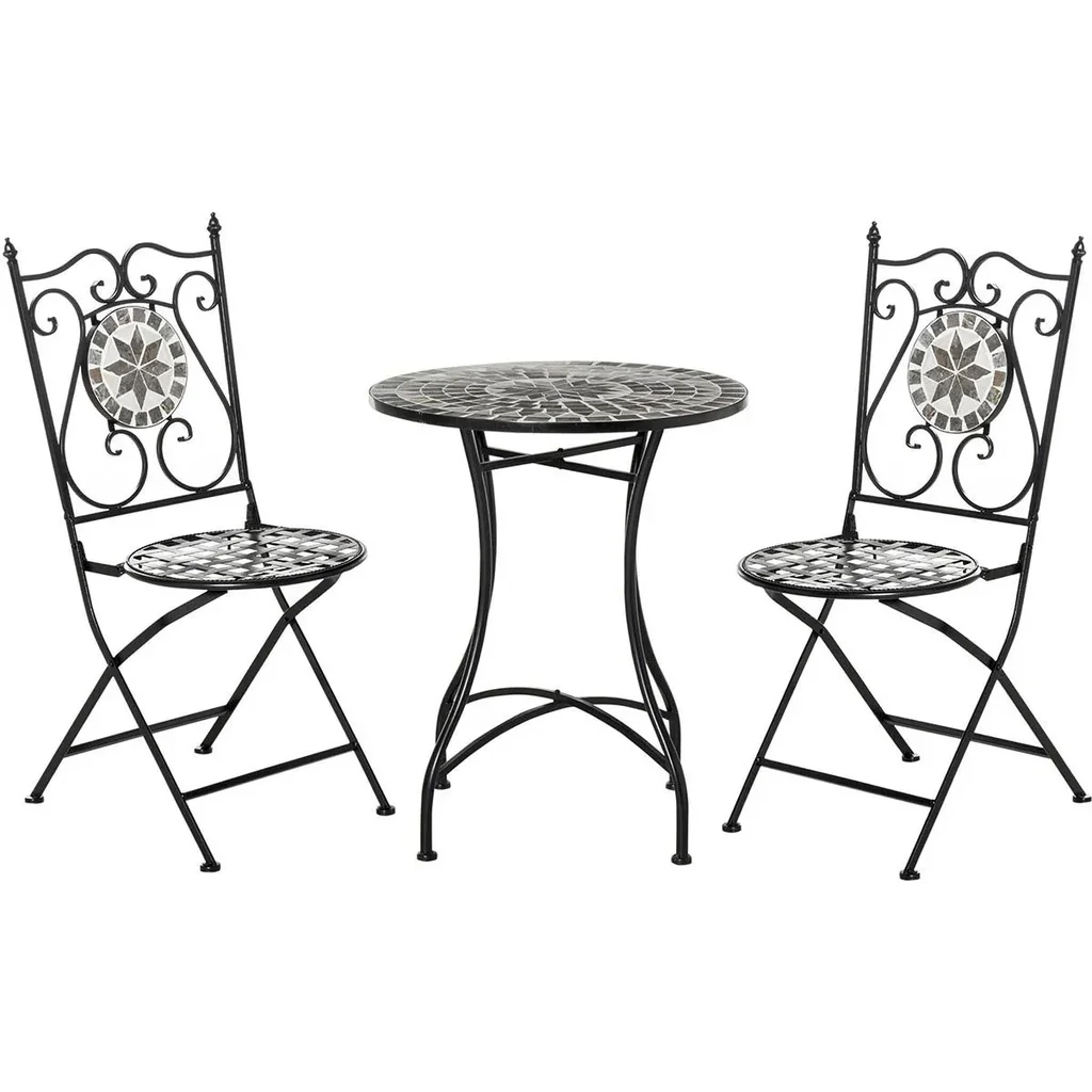 Garten Sitzgruppe 3-teilige Mosaiktisch Essgruppe Gartenmöbel-Set 1 Tisch+2 faltbare Stühle Garten Metall Keramikfliese