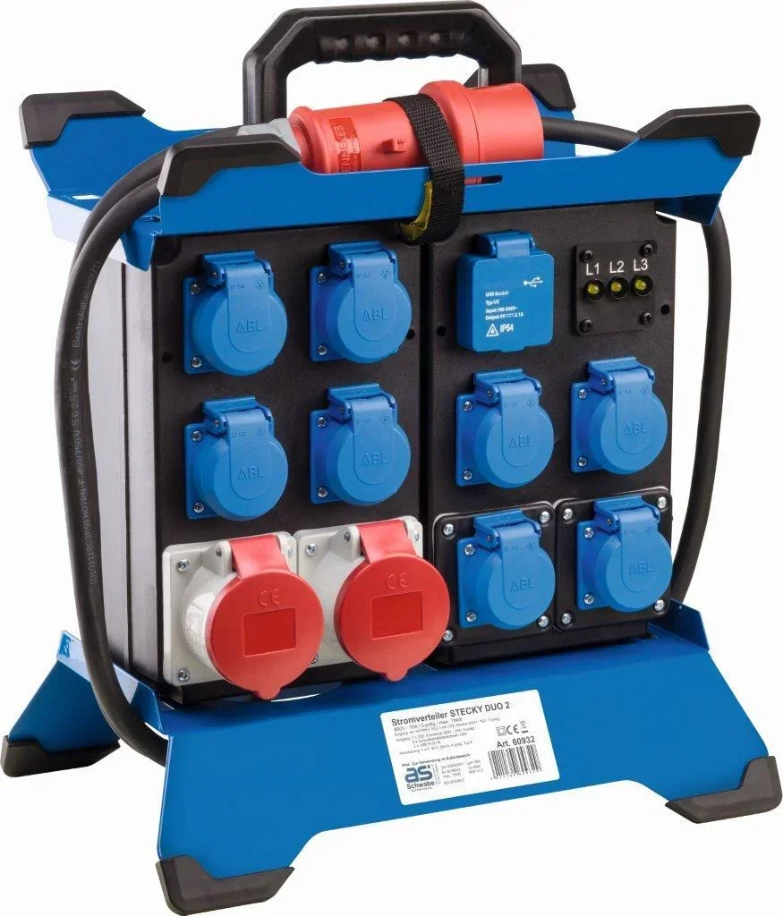 Stromverteiler Stecky DUO 2, 8x Schutzkontakt, 2x CEE400V/16A, 2x USB, Phasenanzeige, FI40A, 3,4m