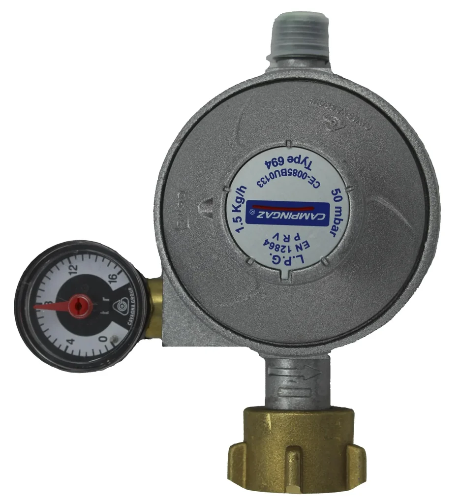 Universal-Sicherheitsregler 50 mbar, für Butan/Propan, 1/4'' Linksgewinde, Durchfluss 1,5 kg/h, mit Manometer