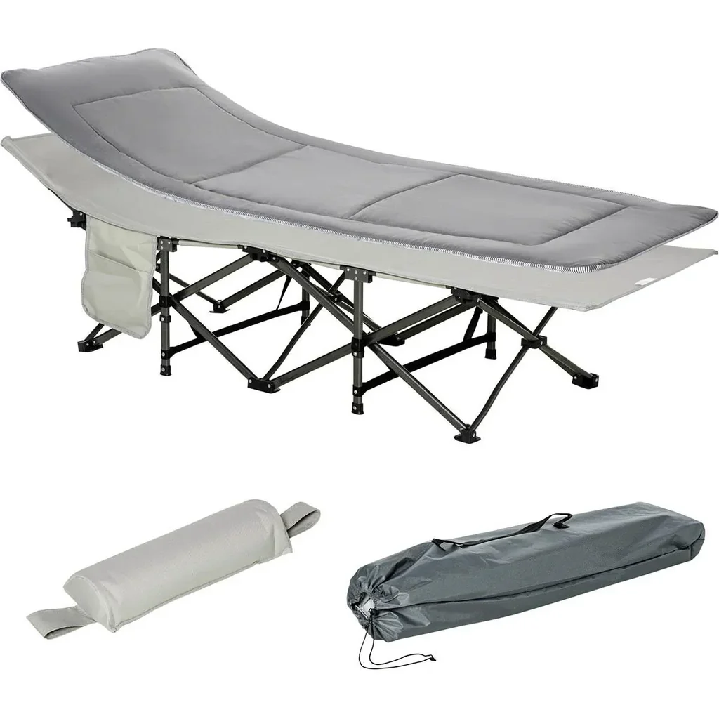 Campingbett klappbar Feldbett Klappbett mit Kopfkissen Seitentasche Matratze Gästebett bis 150 kg belastbar Reisen Outdo
