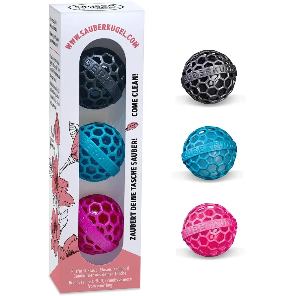 Sauberkugel - Taschenreiniger - Reinigungskugel - Wiederverwendbar - 3er-Pack - 3 Farben
