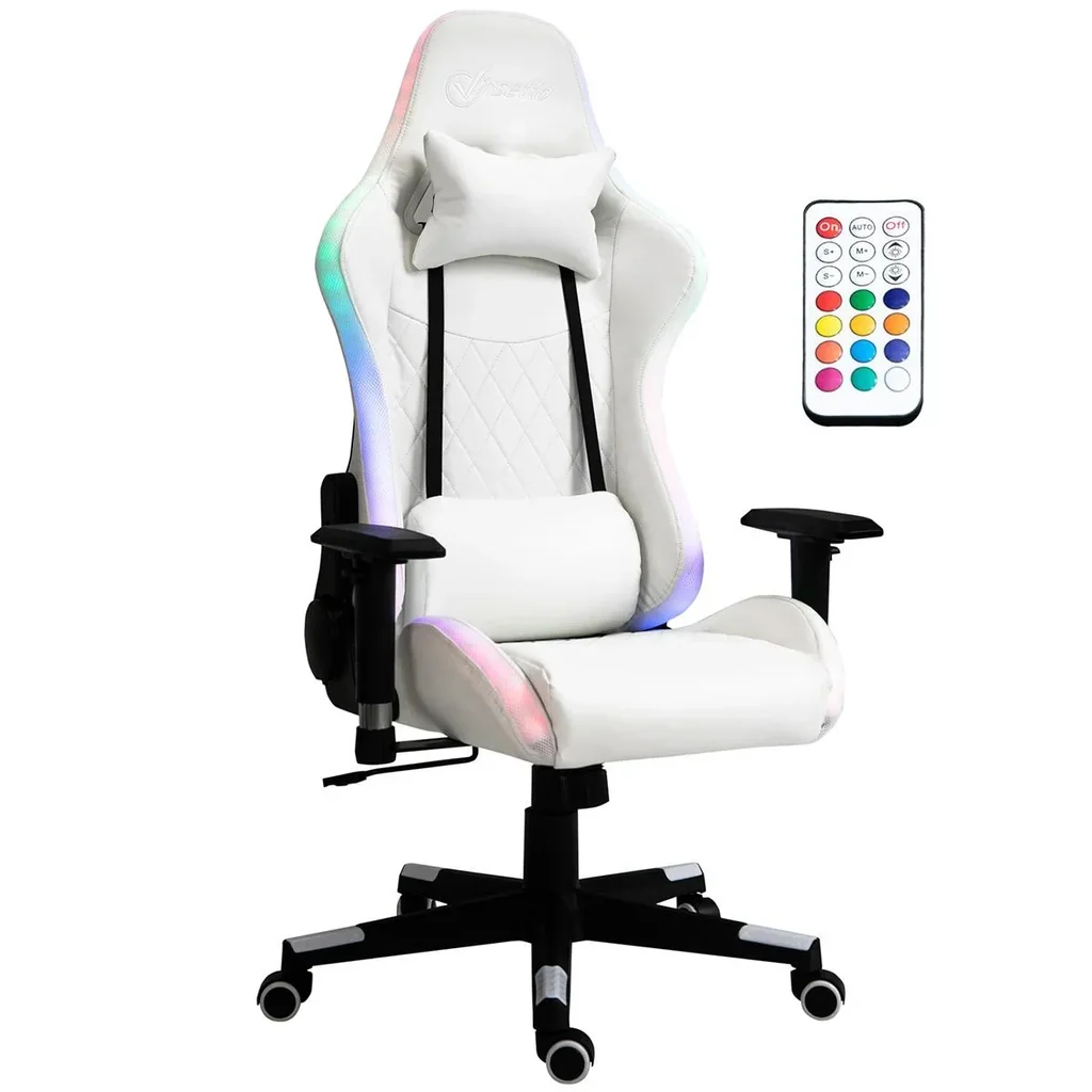 Gaming Stuhl mit RGB LED-Beleuchtung ergonomisch mit Kissen Rückenlehne verstellbar Weiß+Schwarz 68 x 68 x 126-136 cm