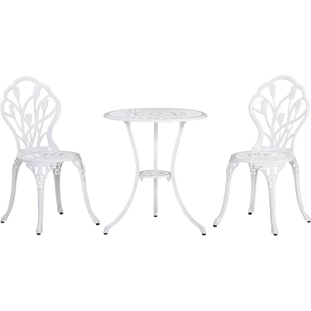 Sitzgruppe 3-teilige Essgruppe Gartenmöbel-Set 1 Tisch+2 Stühle mit Schirmloch Terrasse Aluminium Weiß Ø60 x 67H cm