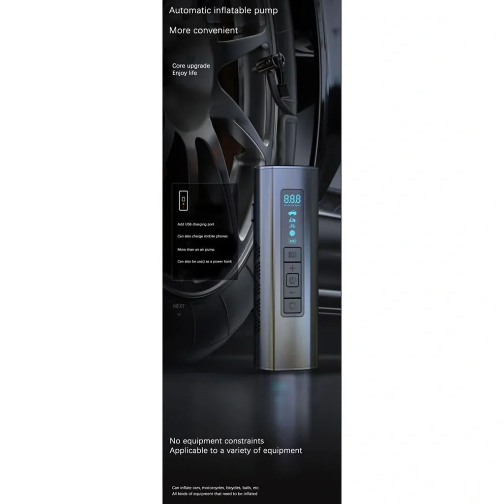 Pure4u CAR3 Tragbarer Kompressor - Elektrische Reifenpumpe - USB Wiederaufladbar - LED - Powerbank