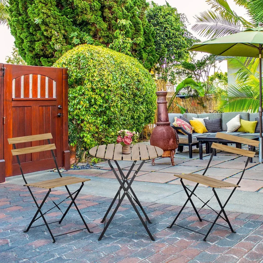3-teiliges Bistro-Set, zusammenklappbar, Massivholz + Stahlrahmen, naturfarben