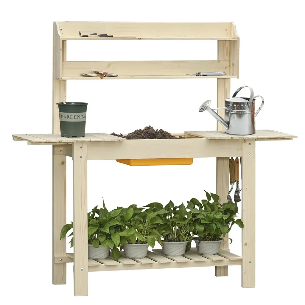 Pflanztisch mit Haken Gärtnertisch Blumentisch aus Tannenholz Kunststoff für Garten Terrasse verstellbare Arbeitsfläche