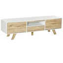 TV Schrank TV Lowboard Kommode für Fernseher kleiner als 60'' mit Push-In-Design Schublade Wohnzimmer MDF Weiß+Natur 160