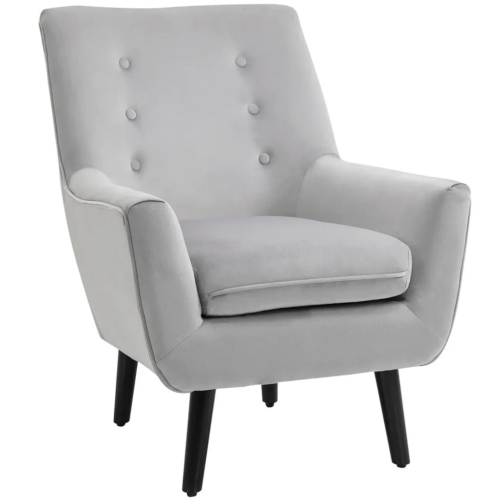 Gepolsterter Sessel Eleganter Retro-Stuhl für Wohnzimmer Schlafzimmer, Polyester, Schaumstoff, Kautschukholz, Grau, 72,5