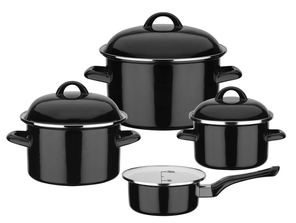 Kochtopf-Set "Black & White", Stahl-Emaille, 7-teilig