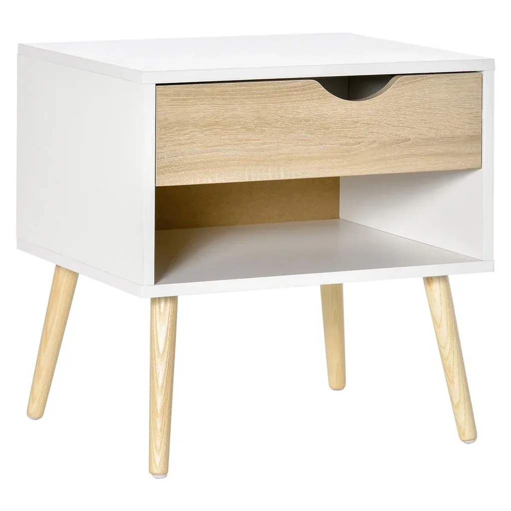 Beistelltisch Nachttisch Flurkommode mit 1 Schubladen MDF Spanplatte Weiß+Eiche 50 x 39 x 51 cm