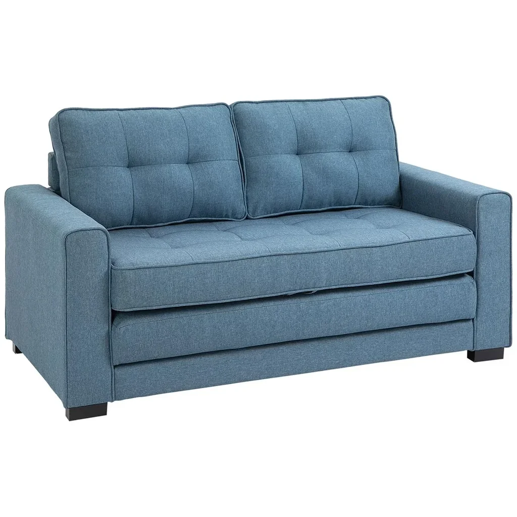 Ausziehbares Zweisitzer-Bettsofa, Massivholz, Leinenoptik, blau, 147,5 x 75 x 85 cm