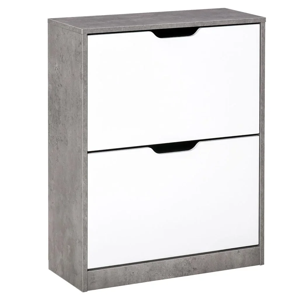 Schuhschrank Schuhregal Schuhbank mit 2 Kippschubladen Einfaches Design E1 Spanplatte Grau+Weiß 62,5 x 26 x 81 cm