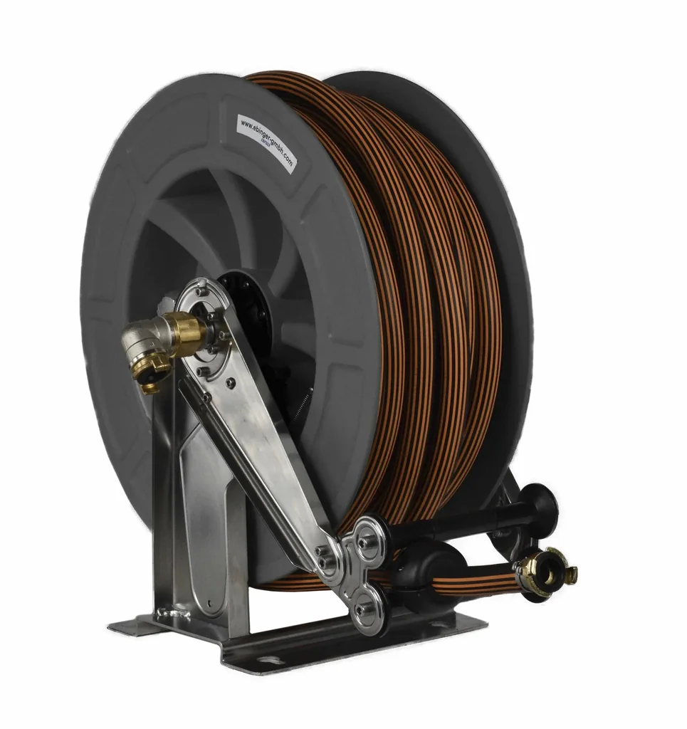 Schlauchaufroller Edelstahl/ABS Kunststoffgehäuse OSK 610 mit 15 m, 1" Gummischlauch ET, max. 15bar/90°C