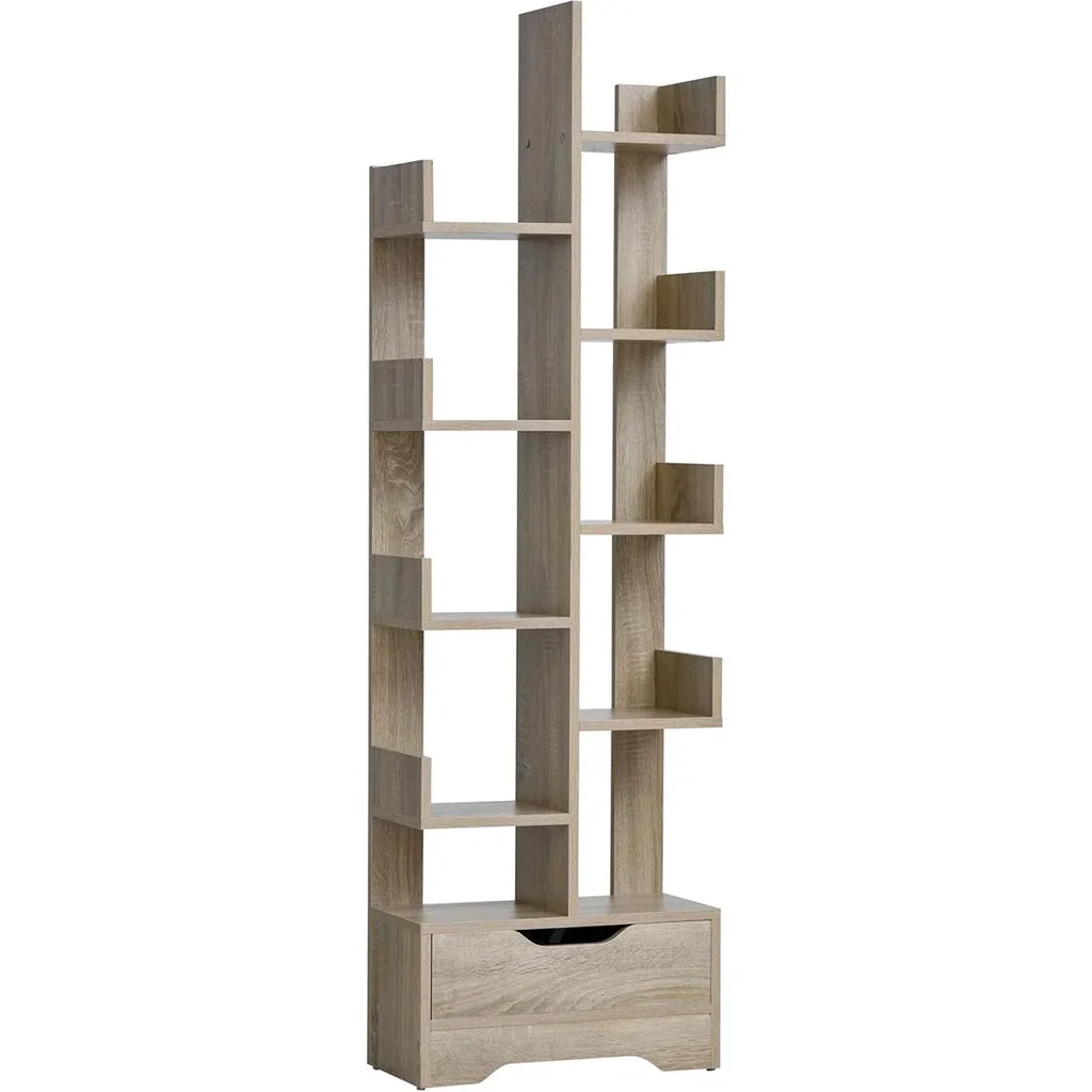 Bücherregal mit 10 Fächer und Schublade, Standregal, Eckbücherregal, E1 Spanplatte, 46 x 20 x 151 cm