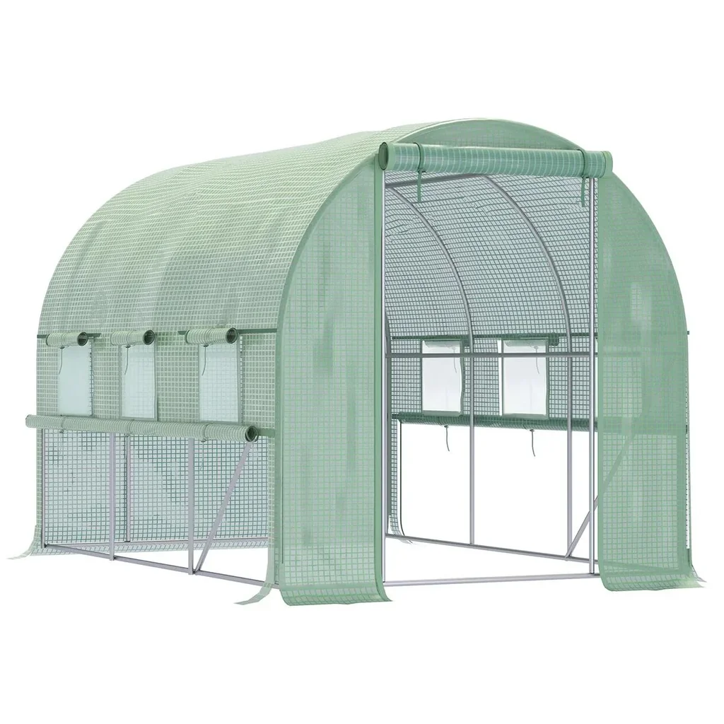 Folly Gewächshaus 3 x 3 x 2 m Tunnel begehbares Gewächshaus Pflanzenhaus Folie Zelt 6 Fenster UV-Schutz grün