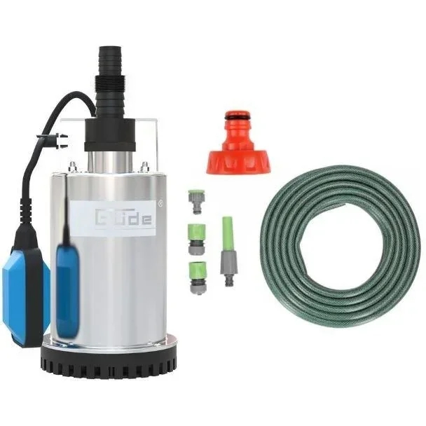 GFS400 INOX Flachabsaugpumpe - 400W - 230V/50Hz MIT 15-Meter-Gartenschlauch inkl. Düse und Armaturen UND Hahn 1".