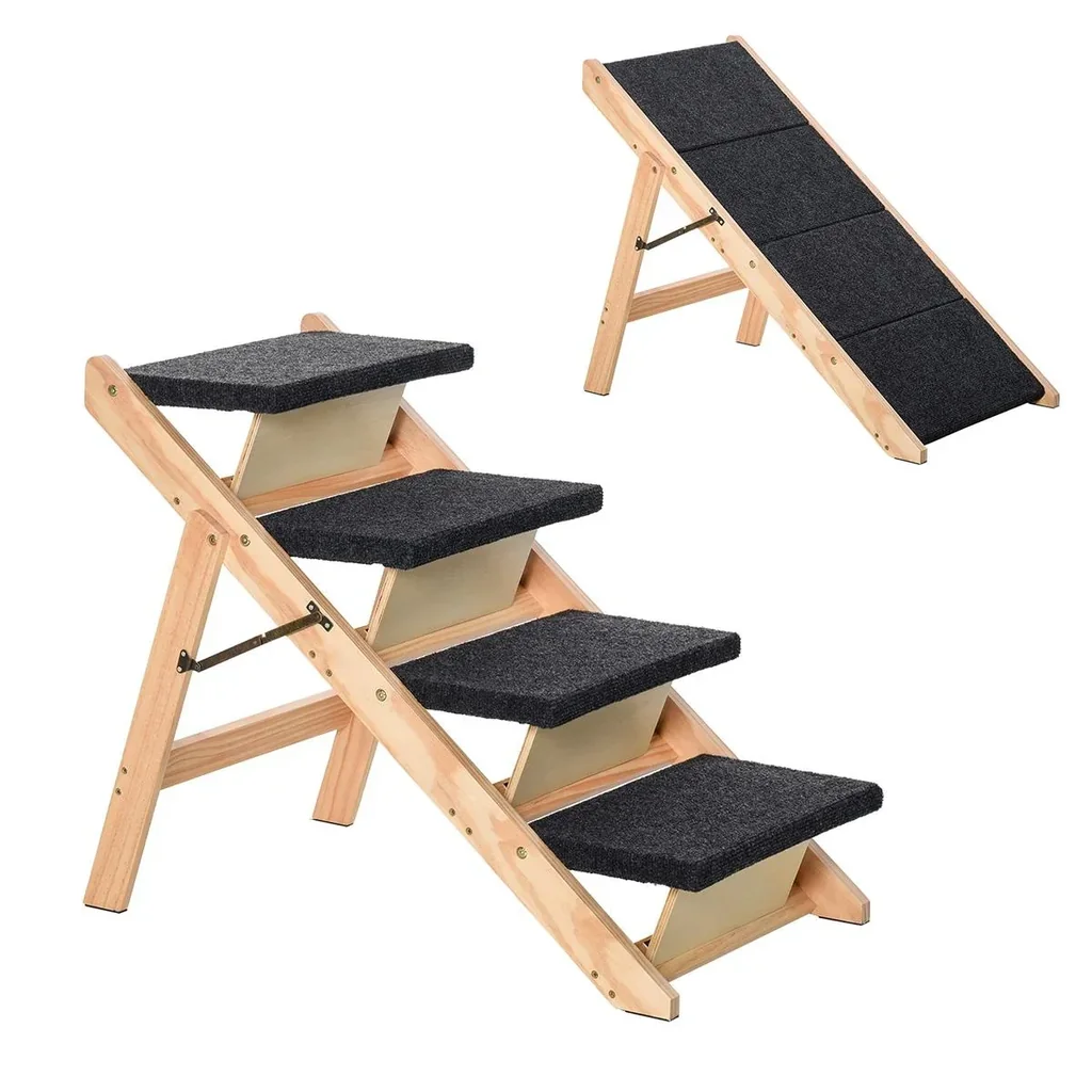 Haustiertreppe 2-in1 Hunderampe Katzentreppe Hundetreppe Faltbar Tiertreppe Kiefernholz Natur+Schwarz 80 x 47 x 64 cm