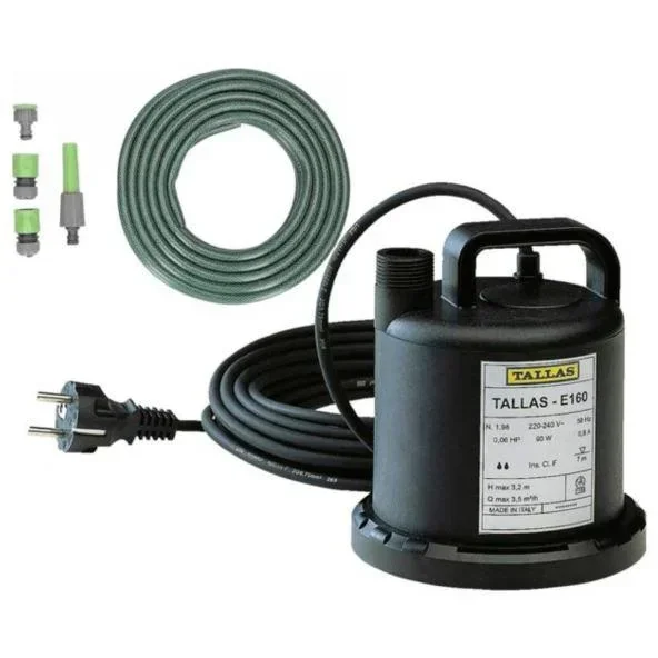 Flachwasser-Tauchpumpe E 160 NA, Ansaugung bis 3 mm, 90 Watt INCL-Gartenschlauch 15m, Düse, Armaturen und Hahn 1".