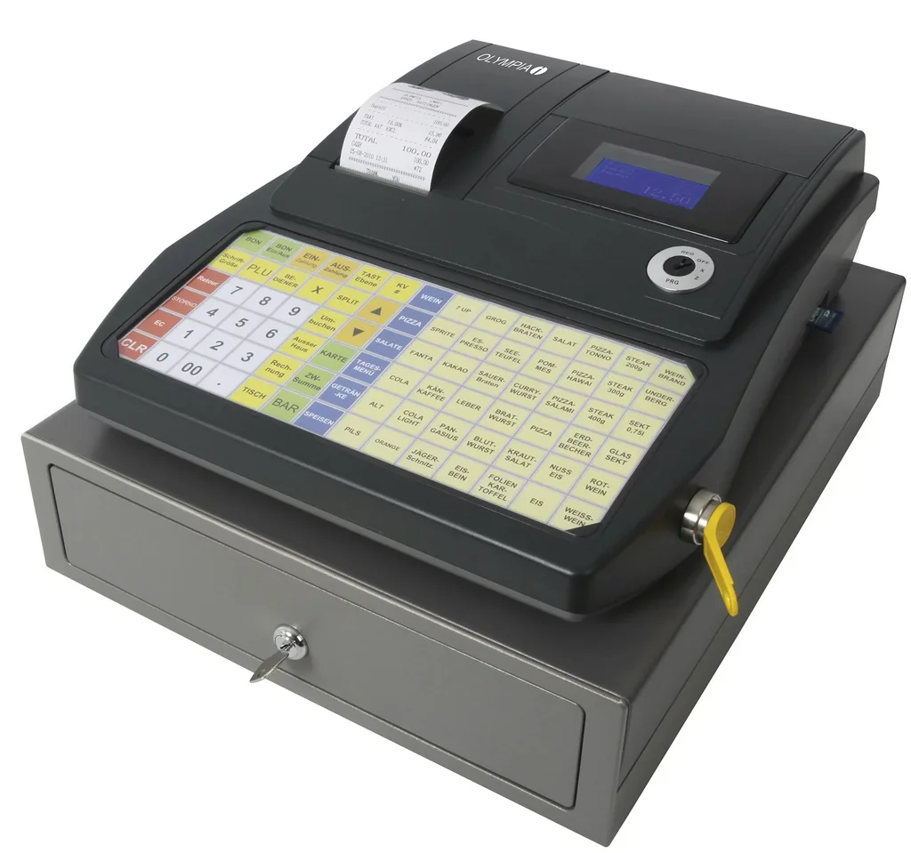 Registrierkasse mit 3 + 8 Fächer, Flach-Tastatur und TSE 3-Jahres-Lizens