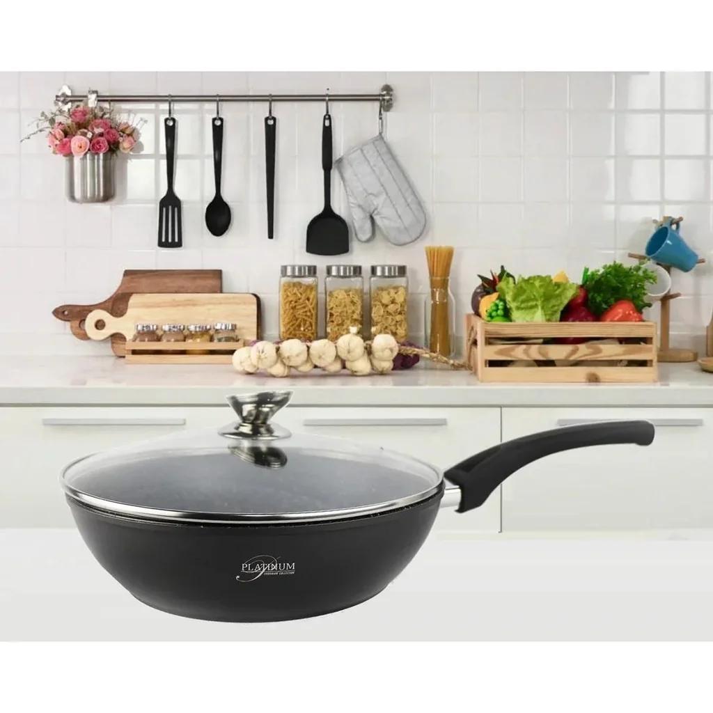 Platinium Bratpfanne / Wokpfanne / Pan - 28cm - Glasdeckel - Induktion - Marmorbeschichtung - Kratzfest