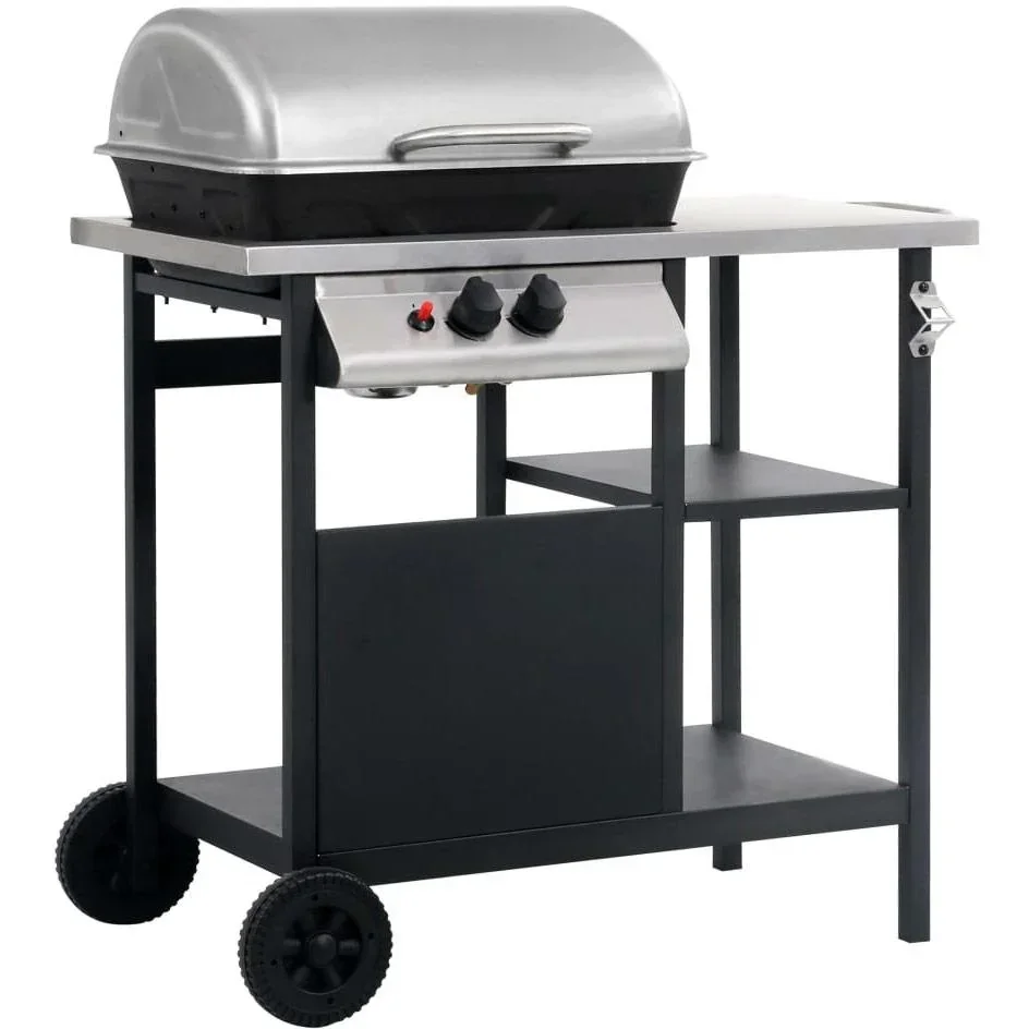 Gasgrill mit 3-stufigem Beistelltisch schwarz und silber
