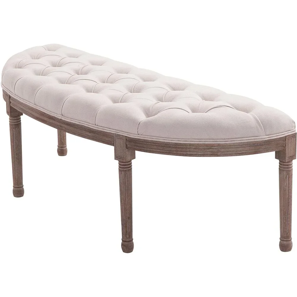 Polsterbank Sitzbank mit Knöpfen Leinen+Holz beige 140,5 x 51 x 48 cm