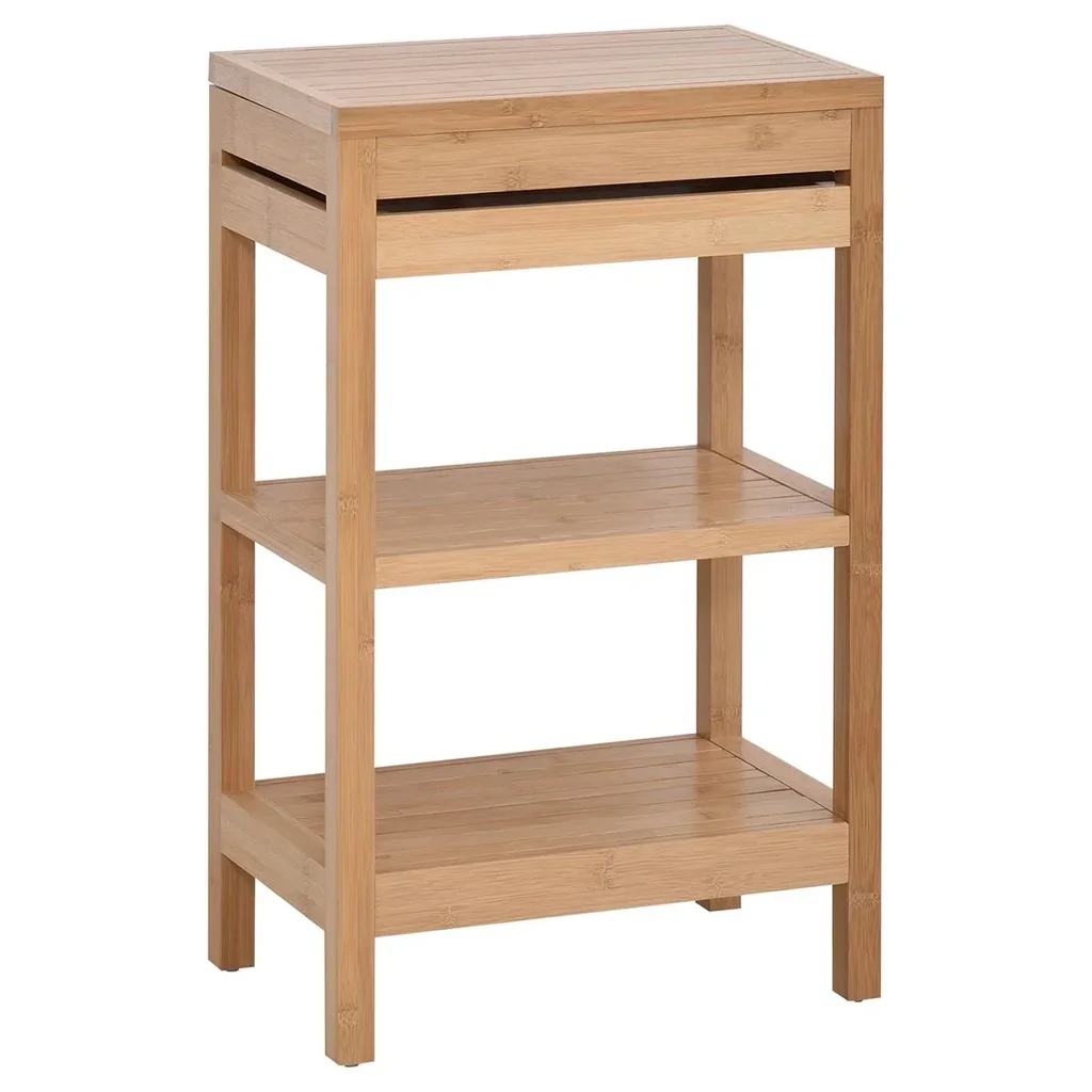 Badregal, Badzimmerregal mit Klappdeckel, Badezimmer Standregal mit 2 Ablagen, Bambus, Natur, 46 x 29,5 x 76,5 cm