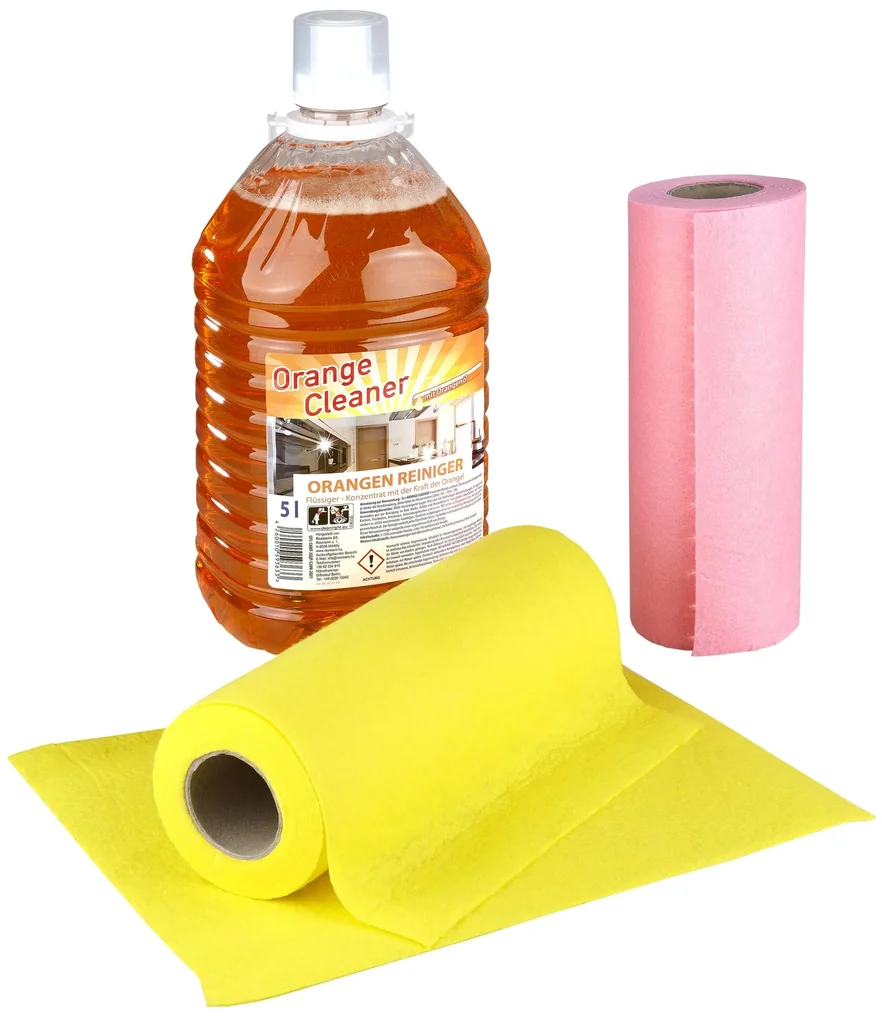 Set Orangenreiniger, Konzentrat, 5 Liter + Reinigungstuch, Viskose, 20 Stück auf Rolle, farblich sortiert