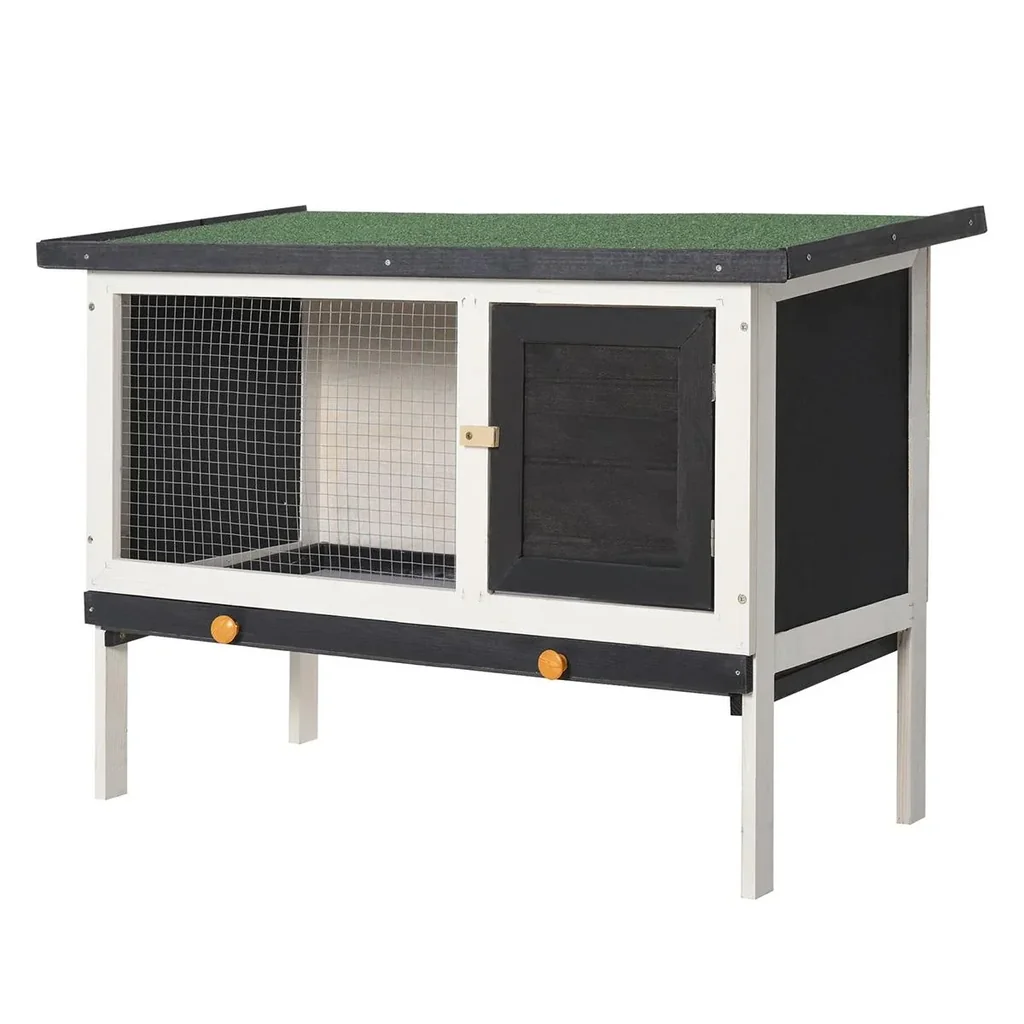Hasenstall, Kaninchenstall, Hasenkäfig Kleintierstall mit Teerpappedach, Massivholz, Dunkelgrau+Weiß+Grün, 90 x 45 x 65