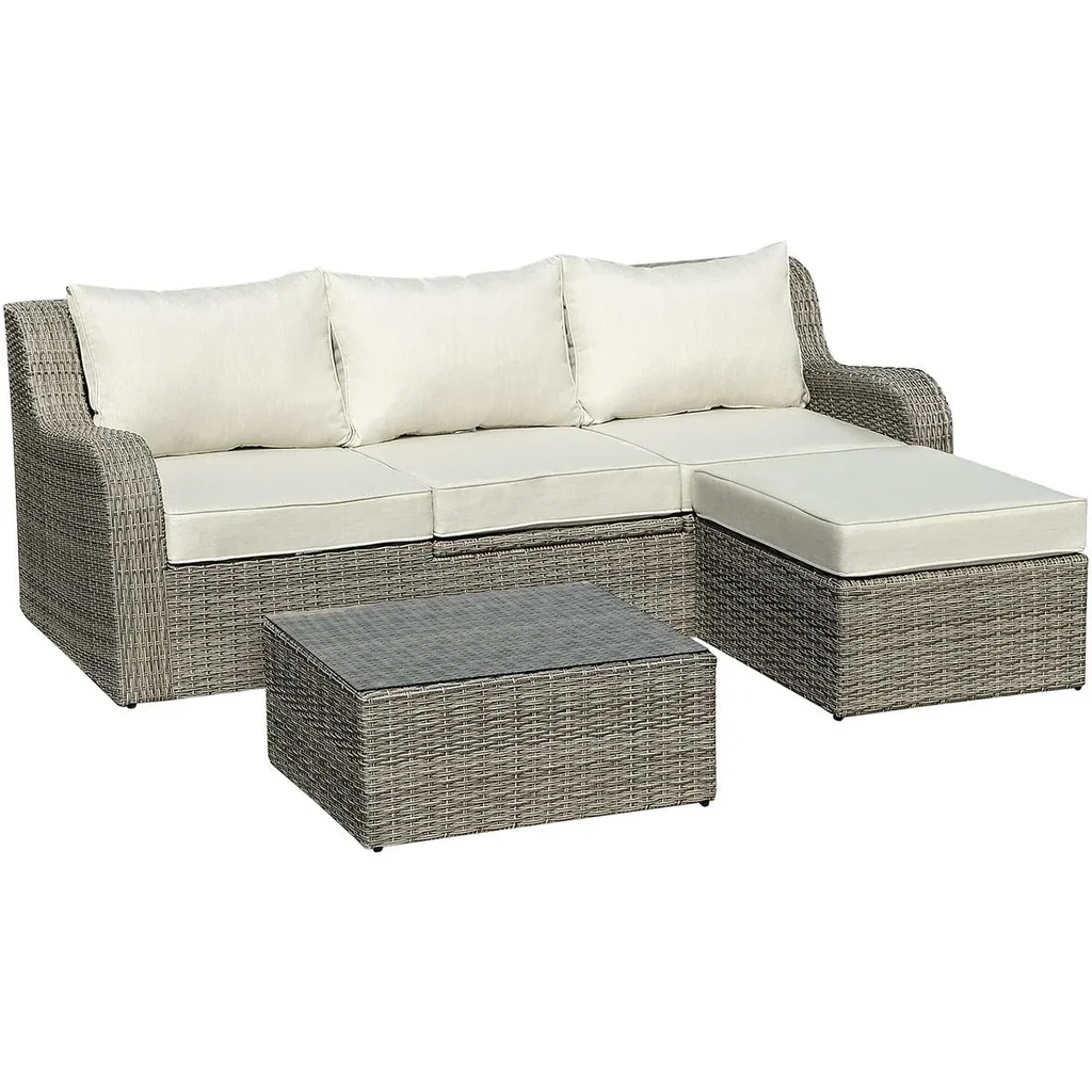 Dreiteilige Sofagarnitur in Rattanoptik mit klappbarem Beistelltisch, hellgrau+beige