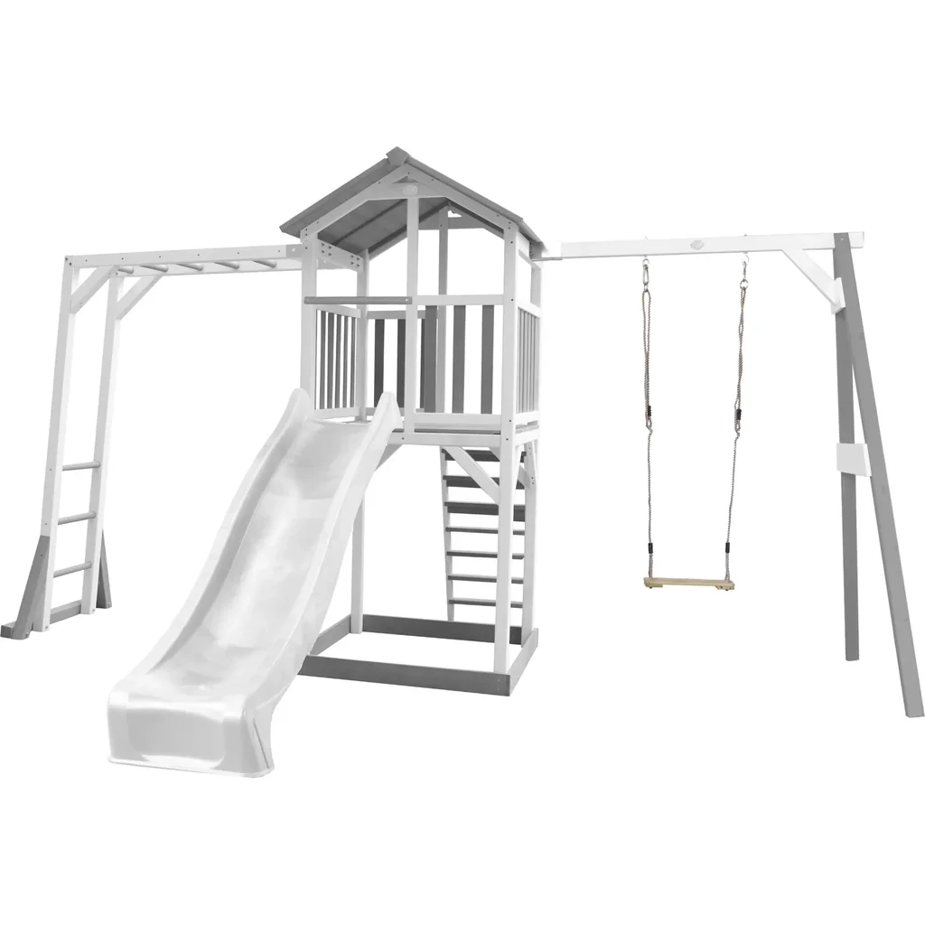Beach Tower Spielturm mit Klettergerüst und Einzelschaukel - Weiße Rutsche