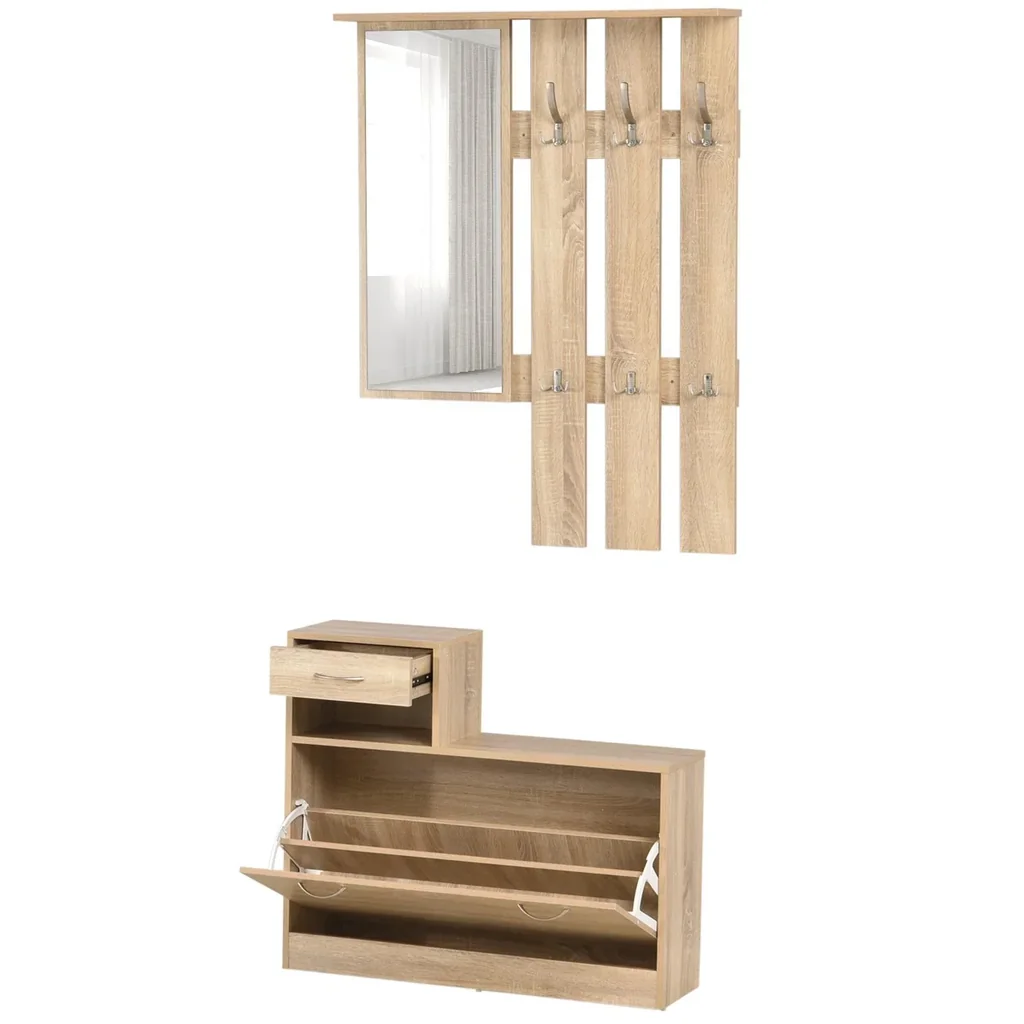 Kleiderschrankset 3-in-1, Garderobe mit Schuhschrank und Wandspiegel