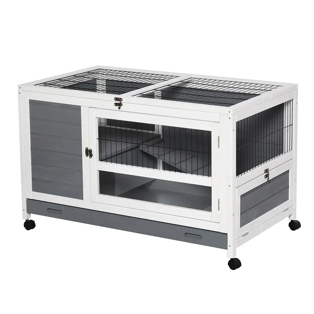 Kaninchenstall mit Rädern Doppelstöckiger Massivholz Grau+Weiß 102 x 60 x 63,5 cm