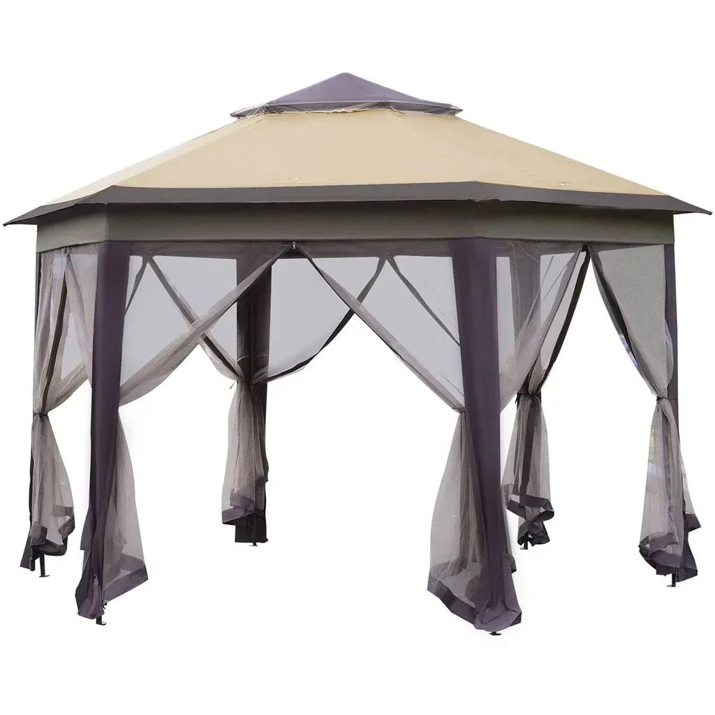 Gartenpavillon Faltpavillon 4 x 4 m Pop-Up-Zelt Partyzelt inkl. Tragetasche 6 Seitenteile Doppeldach sechseckig Kaffee+B