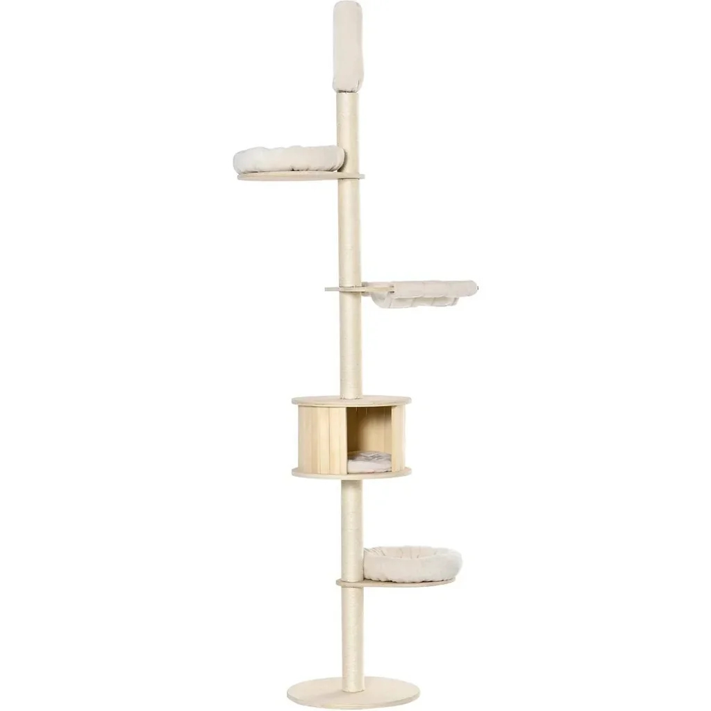 Kratzbaum Katzenbaum Deckenhoch Kletterbaum mit holz Katzenhöhle Sisal Plüsch höhenverstellbar Creme 50 x 50 x 232-252 c