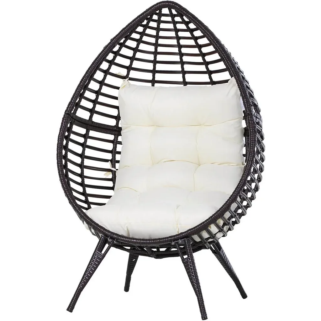 Rattansessel in Tropfenform, Gartensessel mit Sitzkissen, Erhöhter Rattanstuhl, Stahl, Braun, 101 x 89 x 156 cm