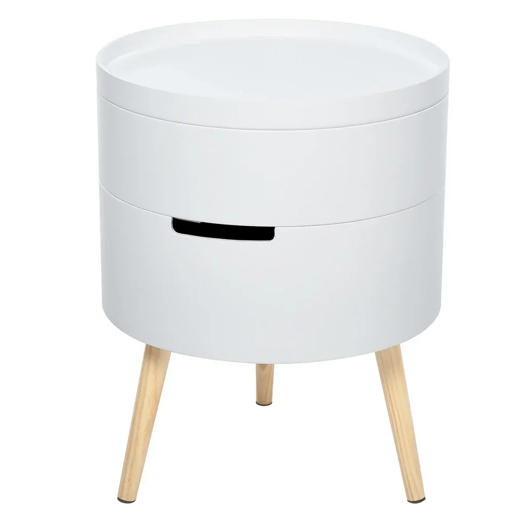 Nachttisch rund Beistelltisch Sofatisch mit 2 Stauräume Couchtisch frei kombinierbar Wohnzimmer Holz Weiß Ø38 x 48,3 cm