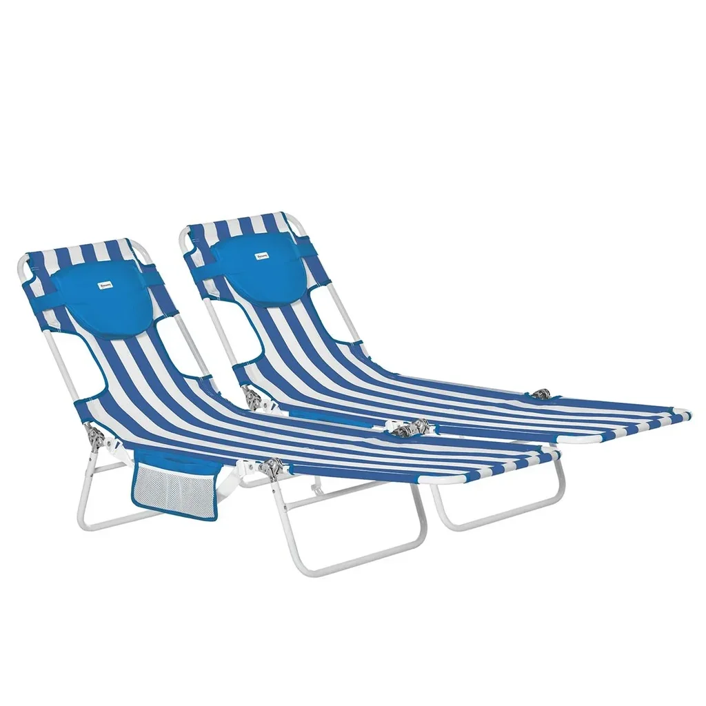 2er-Set Sonnenliege Gartenliege mit Leseöffnung 5-stufig einstellbar Gartenmöbel PVC-Gewebe+Metall Blau+Weiß 182 x 55 x