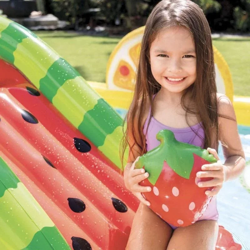 Aufblasbares Kinderbecken mit Rutsche Obst 244 x 191 x 91 cm INKL. Free And Easy Schwimmbadfliesen Schaumstoff Blau 9