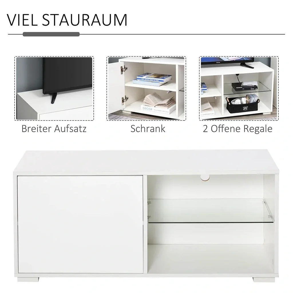 TV Schrank TV-Kommode mit Schubladen und Offene Regale Spanplatte Glas Weiß 100 x 40 x 45 cm