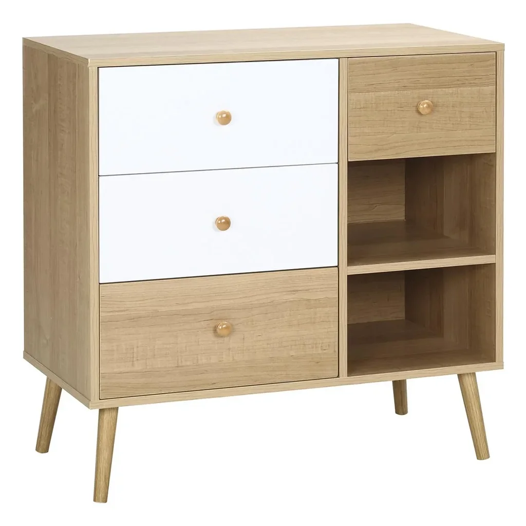 Sideboard Küchenschrank Kommode mit 2 offenen Fächern 4 Schubladen Skandi-Design Natur+Weiß 80 x 39 x 80 cm