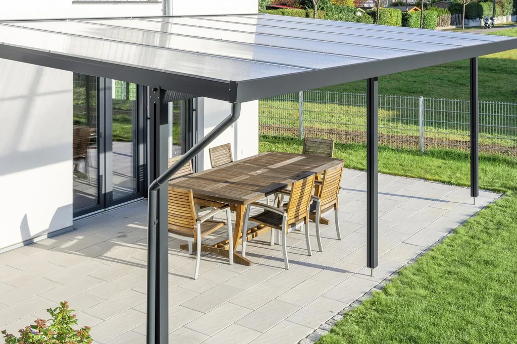 Terrassendach Premium, anthrazit, 6110 x 4060 mm - Polycarbonat Stegplatten 16 mm, klar