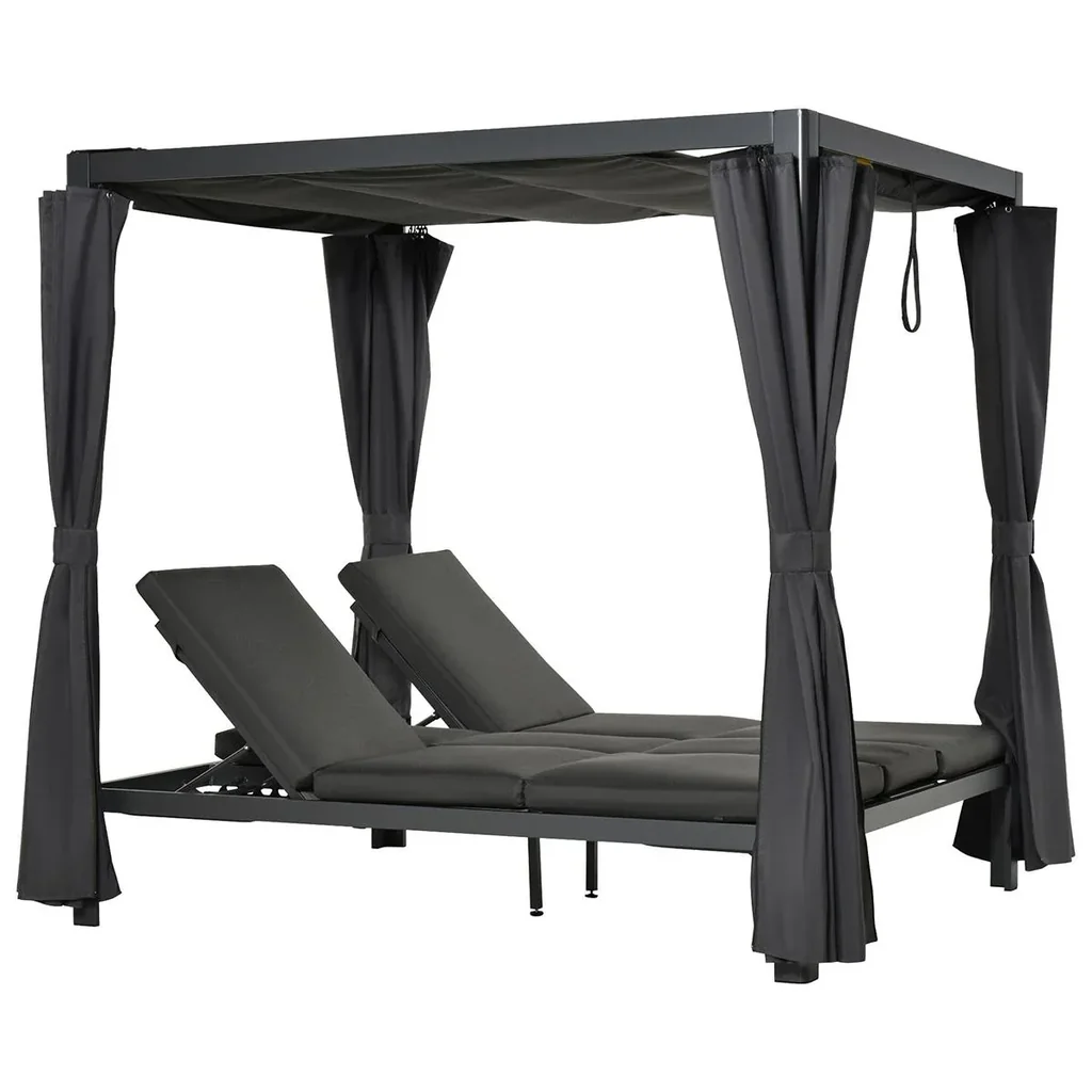 Sonnenliege für 2 Personen Doppelliege mit Vorhängen Sonnendach Pavillon Gartenliege Sonnenbett vertsellbar Aluminium Po