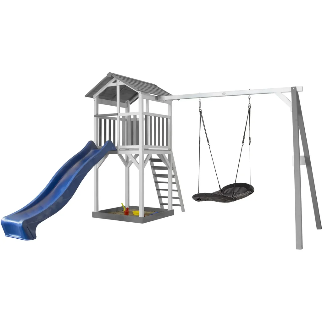 Beach Tower Spielturm mit Roxy Nestschaukel - Blaue Rutsche