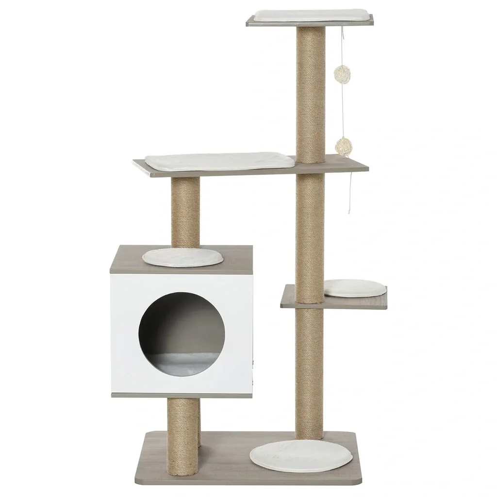 Kratzbaum Katzenbaum Kletterbaum für Katzen Mehrstufiges Multiaktivitätszentrum mit Katzenhöhle Rampe Weichkissen E1 MDF