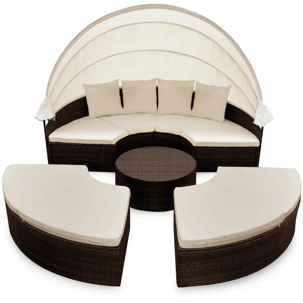 Casaria Poly Rattan XXL Sonneninsel Gartenmöbel-Set 230cm klappbarer Sonnenschirm - 7cm Kissen braun