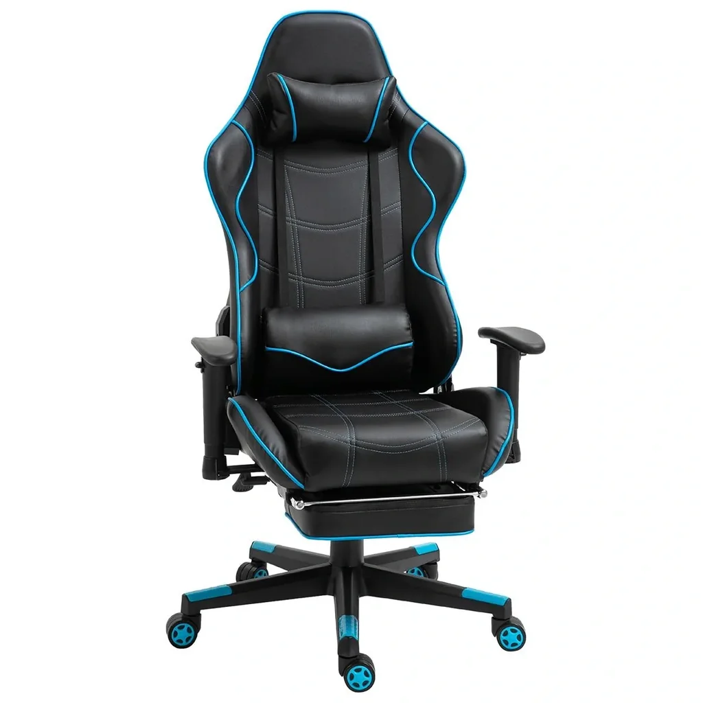 Gamingstuhl mit Kopfstütze Lendenkissen Bürostuhl mit Fußstütze höhenverstellbarer Schaumstoff Nylon Kunstleder Schwarz+